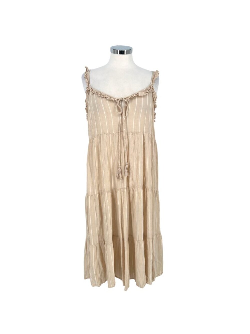 Charlie Paige Beige Sleeveless Tiered Maxi Dress With Ruffle Details Size Small